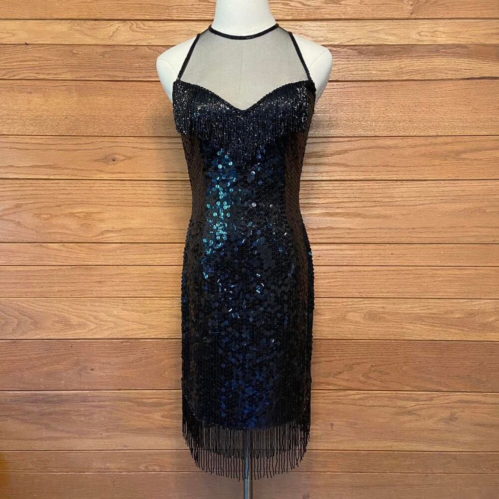 Vintage 1980s 90s AJ Bari Fine Feathers black sequinned fringe trim dress
